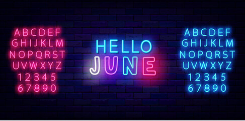 Hello June neon label. Colorful handwritten text. Season summer greeting card. Hot party flyer. Vector illustration