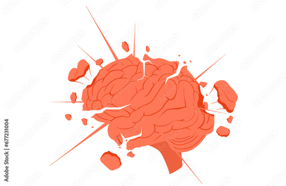 Poster exploding brain. brainstorming and creative ideas with emotional stress and burnout vector emotions