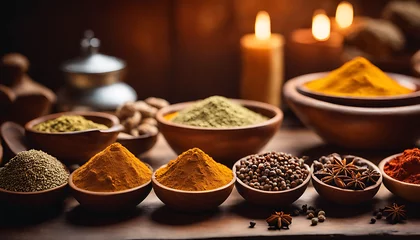 Fotobehang variety of spices in bowls on a wooden table. There are at least 10 different spices visible, including cumin, coriander, turmeric, paprika, and garam masala  © simo
