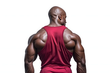 an African American man, the back of an athlete with bulky muscles in a red T-shirt. male persona, bodybuilder. male athletic figure. powerlifting, power sports. - obrazy, fototapety, plakaty
