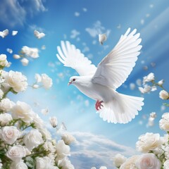 White dove flying around flowers on blue background, International Day of Peace concept background
