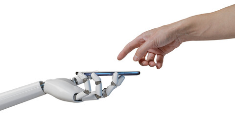 Robotic hand holding a mobile phone and a human hand touching the screen isolated on white background. AI concept. 3d illustration.