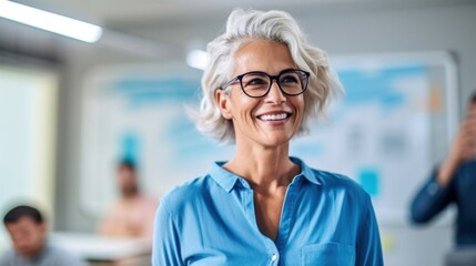 Senior woman CEO generates ideas, engages team on whiteboard.