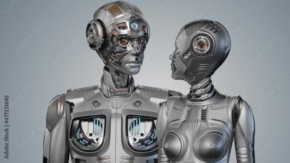 Poster two detailed futuristic robots looking at each other. male and female humanoids. 3d rendering animat