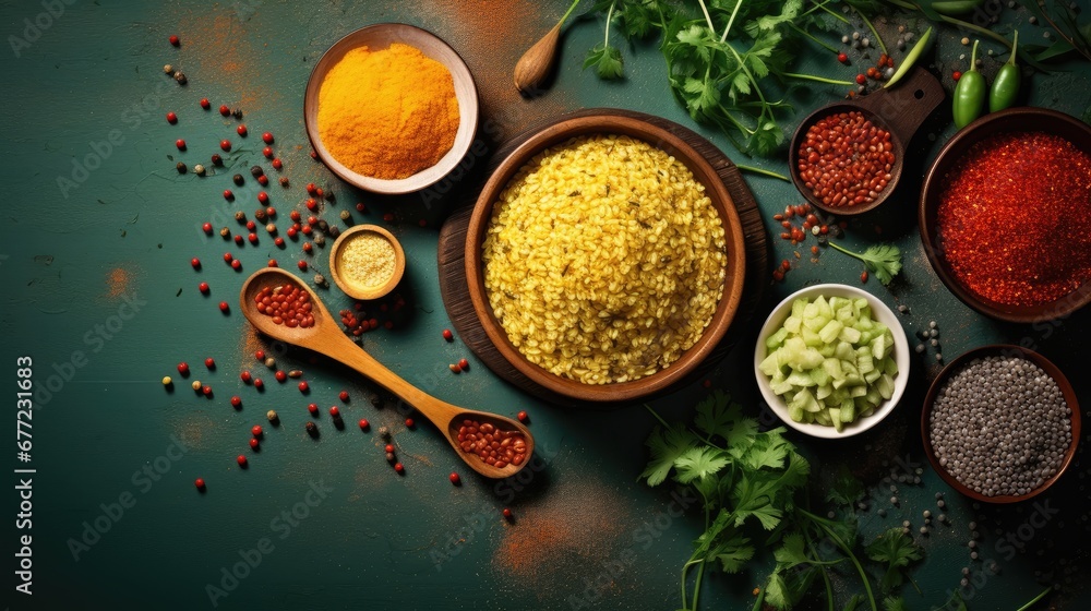 Poster a table topped with bowls and spoons filled with different types of spices next to a couple of spoon