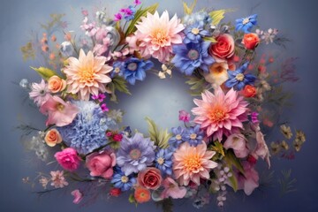 Vibrant floral wreath surrounding, blue cornflower and pink blooms