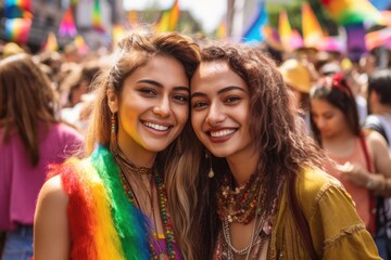 Two women of different ethnicities embracing in a joyful and vibrant LGBTQ pride parade.