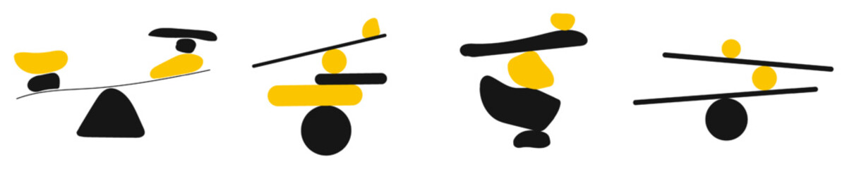 Balance of geometric shapes. Abstract balls and plates balance on edge of each other minimalist harmony and natural vector completeness.