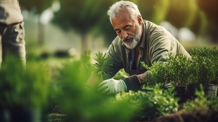 Naklejka na ściany i meble An elderly gardener lovingly tends to his eco garden, fostering growth and sustainability.