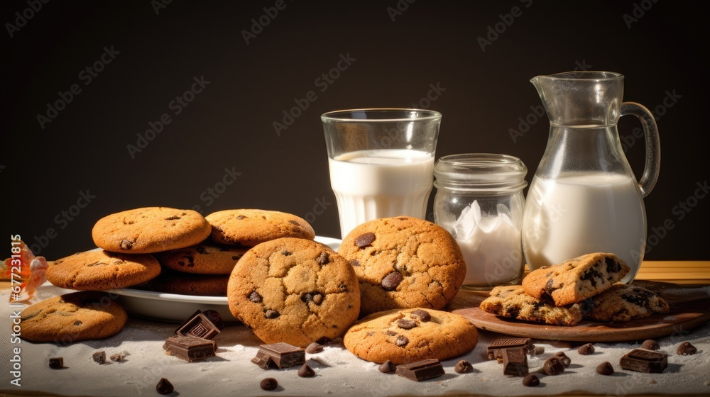 Poster a table topped with chocolate chip cookies next to a pitcher of milk and a plate of cookies next to 