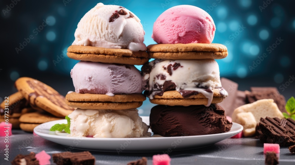 Poster a plate topped with cookies and ice cream next to a pile of cookies and waffles on a table. generati