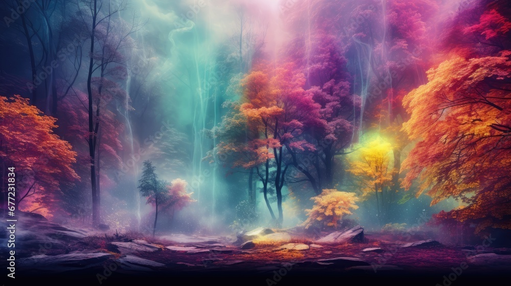 Poster a painting of a forest filled with lots of trees and a stream of water flowing down the side of it. 