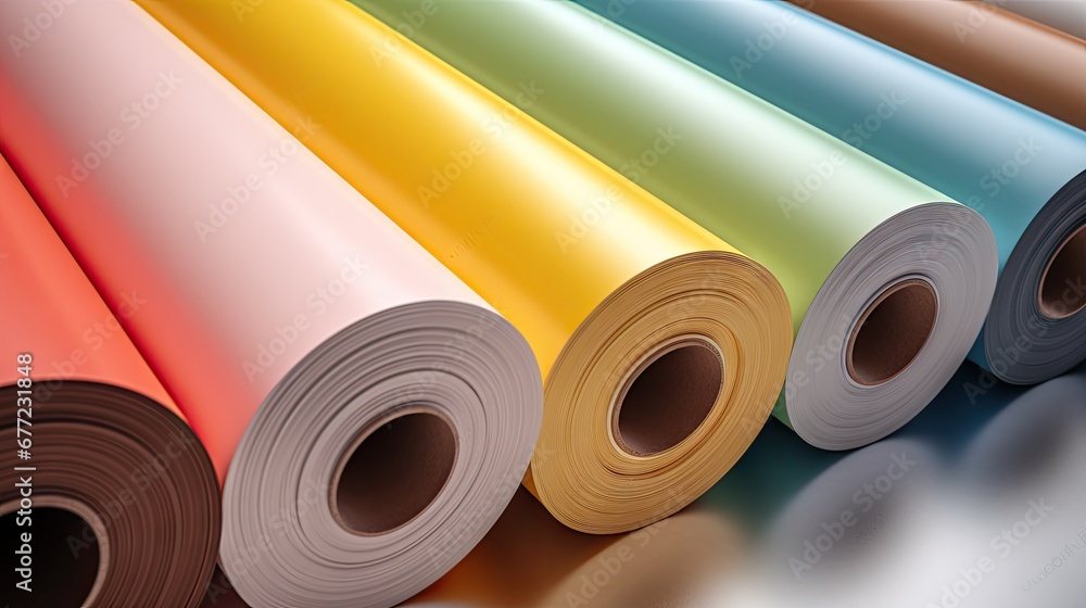 Poster a group of rolls of colored paper sitting next to each other on top of a white surface with a reflec