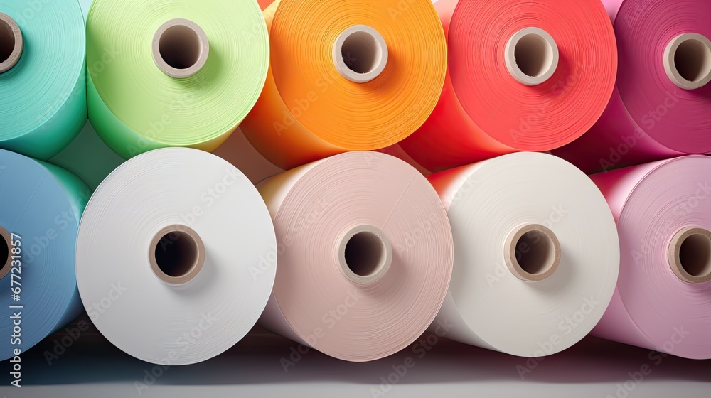 Poster a pile of multicolored rolls of paper sitting next to each other on top of a white surface in front 