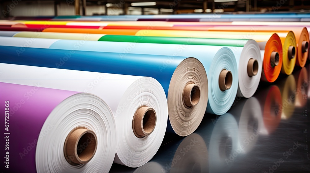Poster a row of colorful rolls of paper sitting next to each other on top of a black table in a warehouse. 