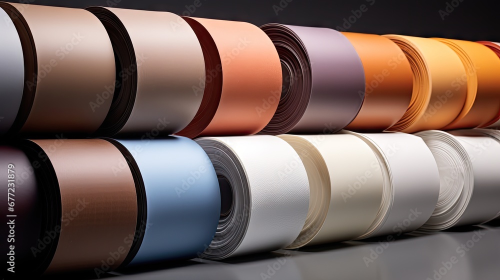 Poster a row of different colors of satin ribbon on a black background with a reflection of the ribbon in t