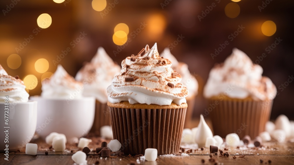 Aufkleber a close up of a cupcake with frosting and marshmallows on a wooden table with lights in the backgrou