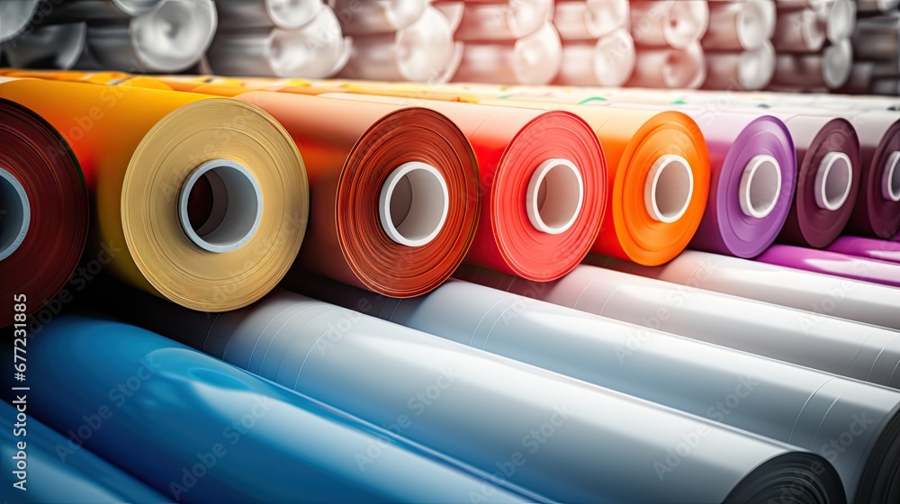Poster  a row of different colored rolls of fabric next to each other on a shelf in a store or office building.  generative ai