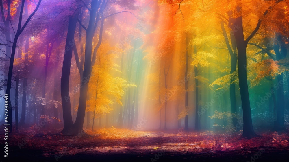 Poster a forest filled with lots of trees covered in a rainbow colored canopy of mist and sunlight shining 