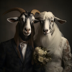 groom in a formal suit with the head of a goat and the bride in a wedding dress with the head of a sheep.