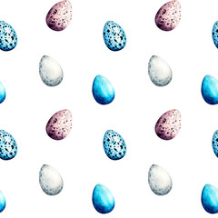 Watercolor seamless pattern with cute Easter colorful eggs, spring flowers, daffodil, willow branches. Clip art for holidays, postcards, packaging