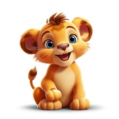 Fototapeta premium Playful baby lion with smile, cute and lively cartoon on white background. Generative AI