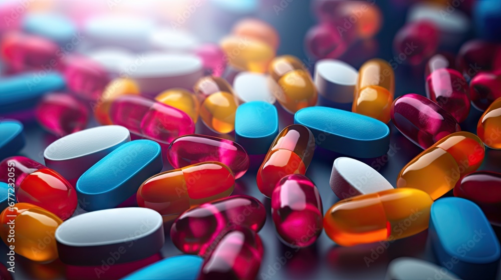 Poster a pile of colorful pills sitting next to each other on top of a blue and red counter top with a brig