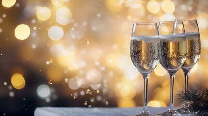 Three glasses of champagne with a fir branch on background of bokeh and glitter lights. Champagne bubbles sparkle on blurry Christmas background. Party and holiday celebration concept. Copy space.