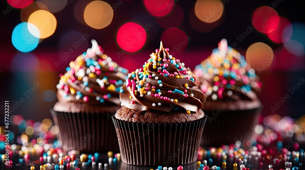 Aufkleber three cupcakes with chocolate frosting and sprinkles on a table with colorful lights in the backgrou