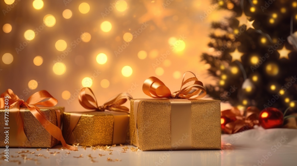 Poster a group of presents sitting next to a christmas tree with lights in the background and a christmas t
