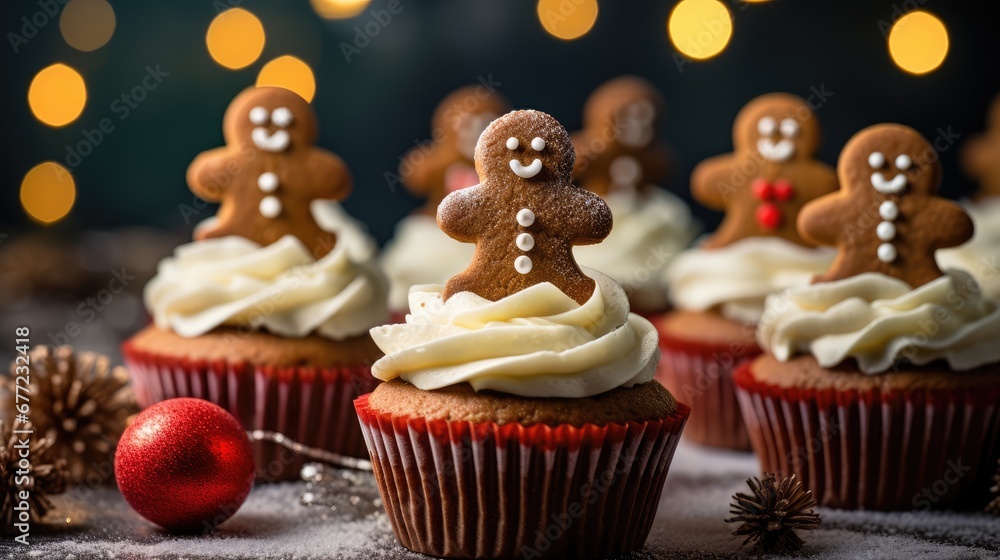 Poster a close up of cupcakes with frosting and a ginger man on top of the cupcakes. generative ai
