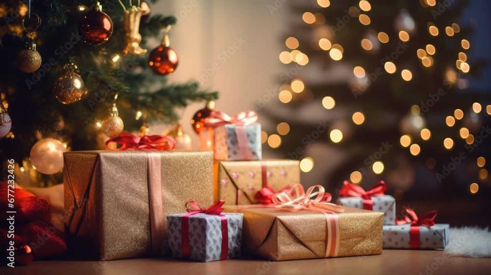 Poster a group of wrapped presents sitting next to a christmas tree in front of a christmas tree with light