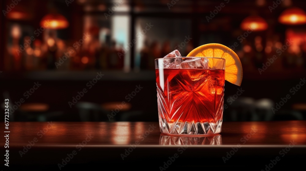 Poster a close up of a glass on a table with a drink and a slice of orange on top of it. generative ai