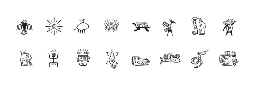 Native american aztec icon drawings. African tribal hand drawn symbols vector