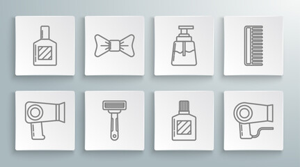 Set line Hair dryer, Bow tie, Shaving razor, Aftershave, Hairbrush and icon. Vector