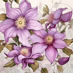 hand-drawn purple clematis, floral background, flowers.