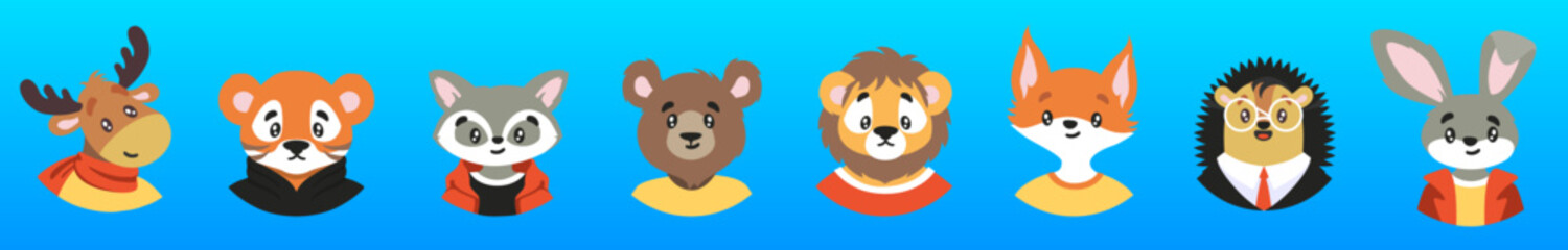 Collection of portraits of cute wild animals in clothes in round frames isolated on white background. Bundle of faces or muzzles of funny characters. Flat cartoon vector illustration for children.