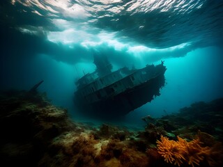 Missing Sunken ship under water at the bottom of the ocean, sea