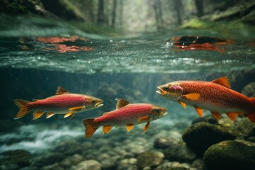 Underwater world, floating red trout fish in the water, close up. Ecosystem, ocean, nature, flora and fauna concepts