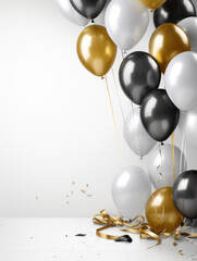 AI generation. White, black, gold and silver balloons and confetti on a white