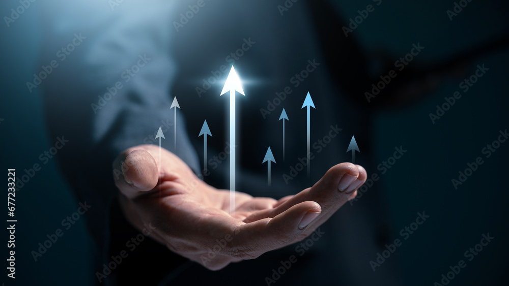 Aufkleber Hand pointing growth arrow success business target background of up icon direction development graph or investment finance profit stock market chart symbol and goal achievement on economy marketing.