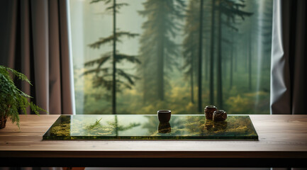 Empty Table, Dark Green Forest Blur, Wooden Product Mockup
