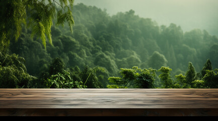 Empty Table, Dark Green Forest Blur, Wooden Product Mockup