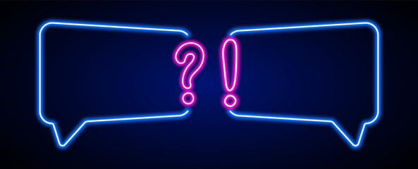 Neon quiz frame with question and exclamation. Faq question answer template. Neon quiz border - obrazy, fototapety, plakaty