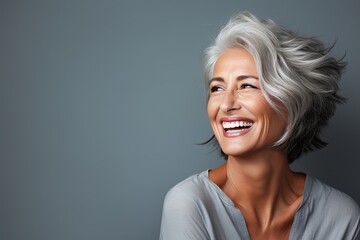 Radiant elderly senior model woman with graceful grey hair, portraying joy and positivity through a genuine and warm smile - obrazy, fototapety, plakaty
