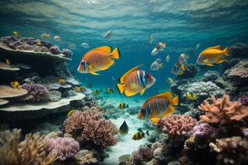 Naklejka na ściany i meble Beautiful underwater world with colorful fish, algae, coral reefs