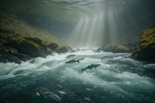 Photo underwater. Many fish swim in the water against the backdrop of high mountains