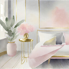 Scandinavian Sanctuary, Pale pinks, light grays, and touches of brass for a soft and elegant atmosphere.