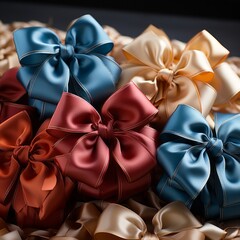assortments of silk/ satin gift wrapping bows of various colors, generative ai