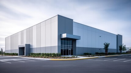 Fototapeta na wymiar Modern sleek warehouse office building facility exterior architecture gray 